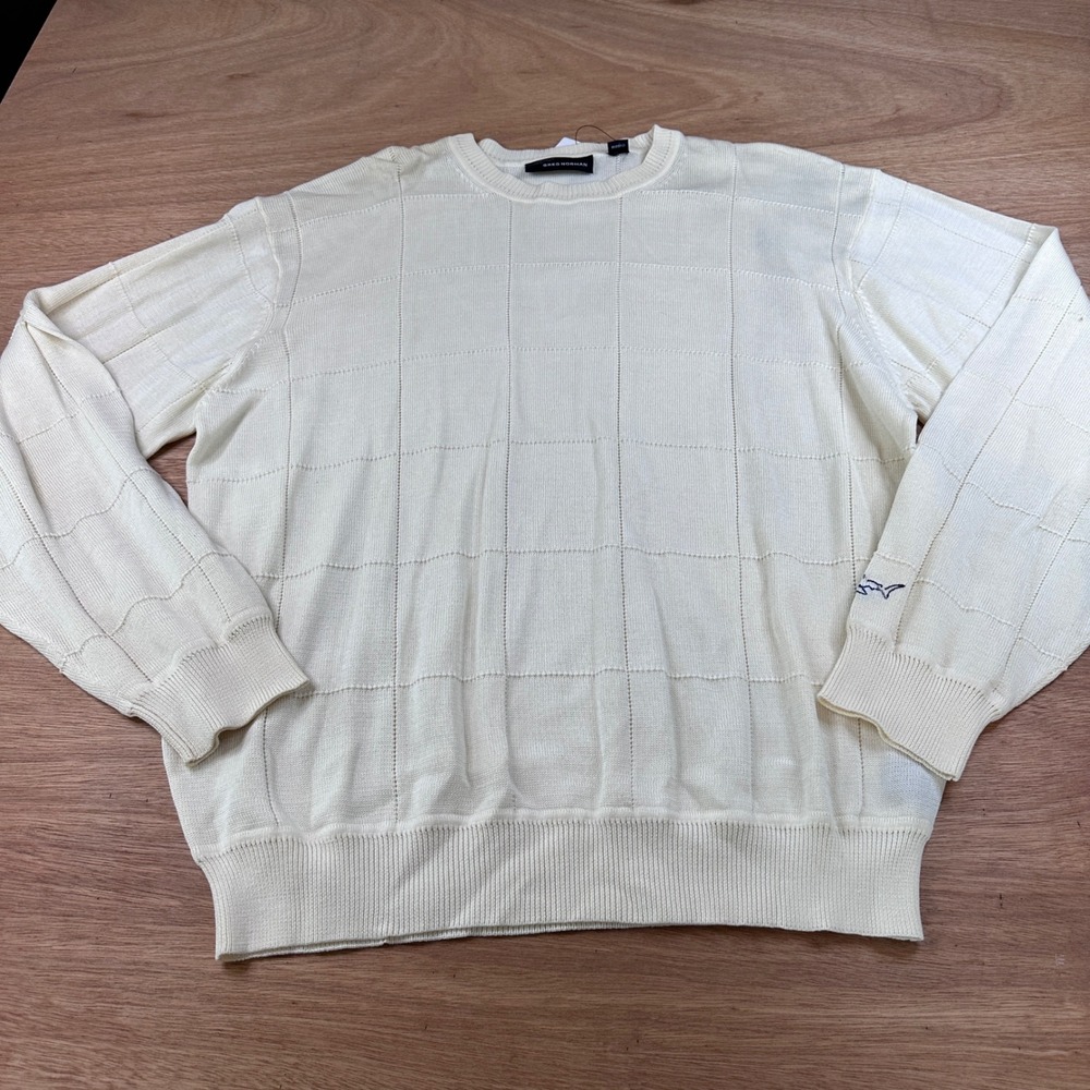 NWT Greg Norman Sweater Men's XL Pale Yellow Cotton Grid Knit Crewneck